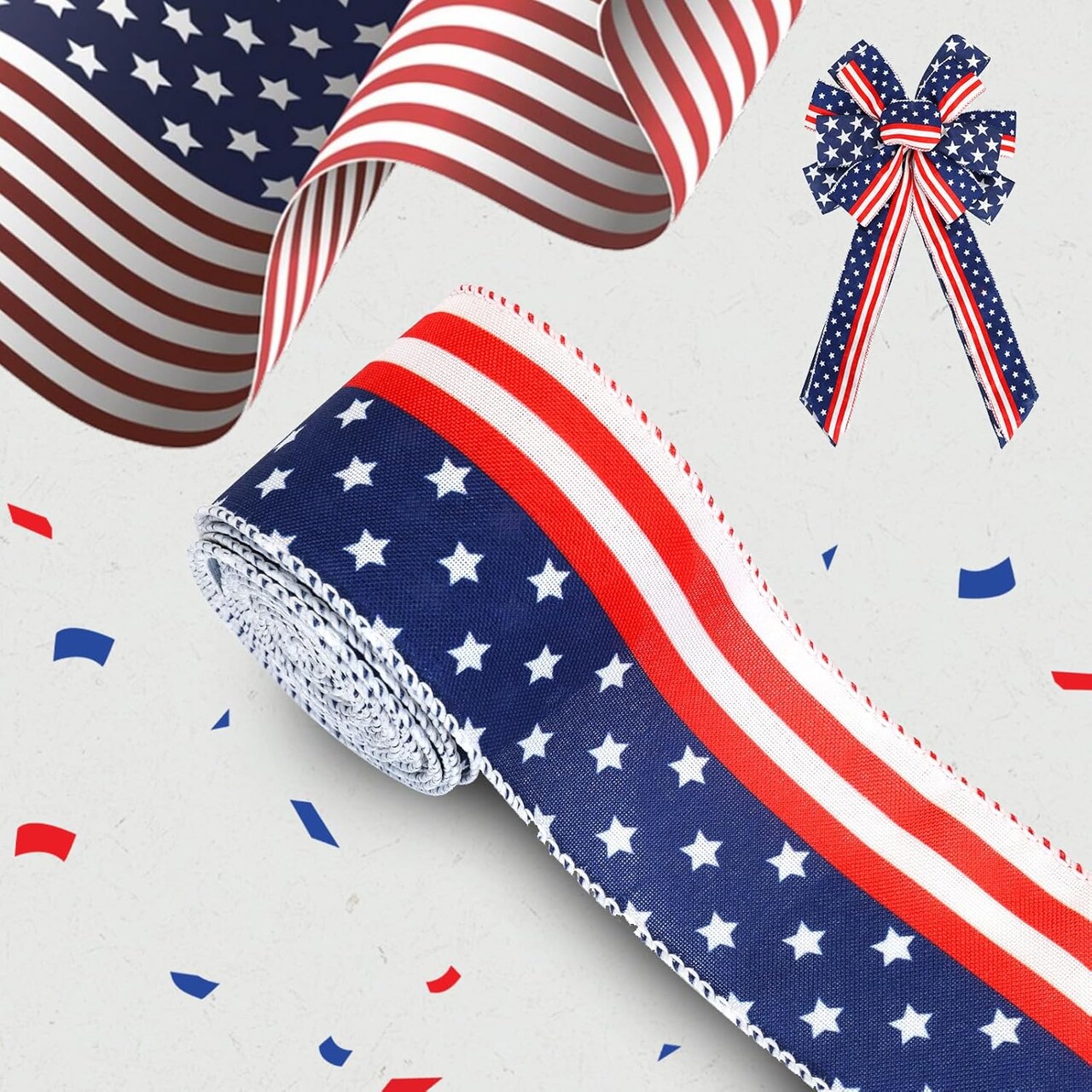 1 Roll Patriotic Ribbon Red White and Blue Ribbon American Flag Ribbon 2.5 Inch 4th of July Ribbon Wired for Independence Day Craft Sewing Gift Wrapping